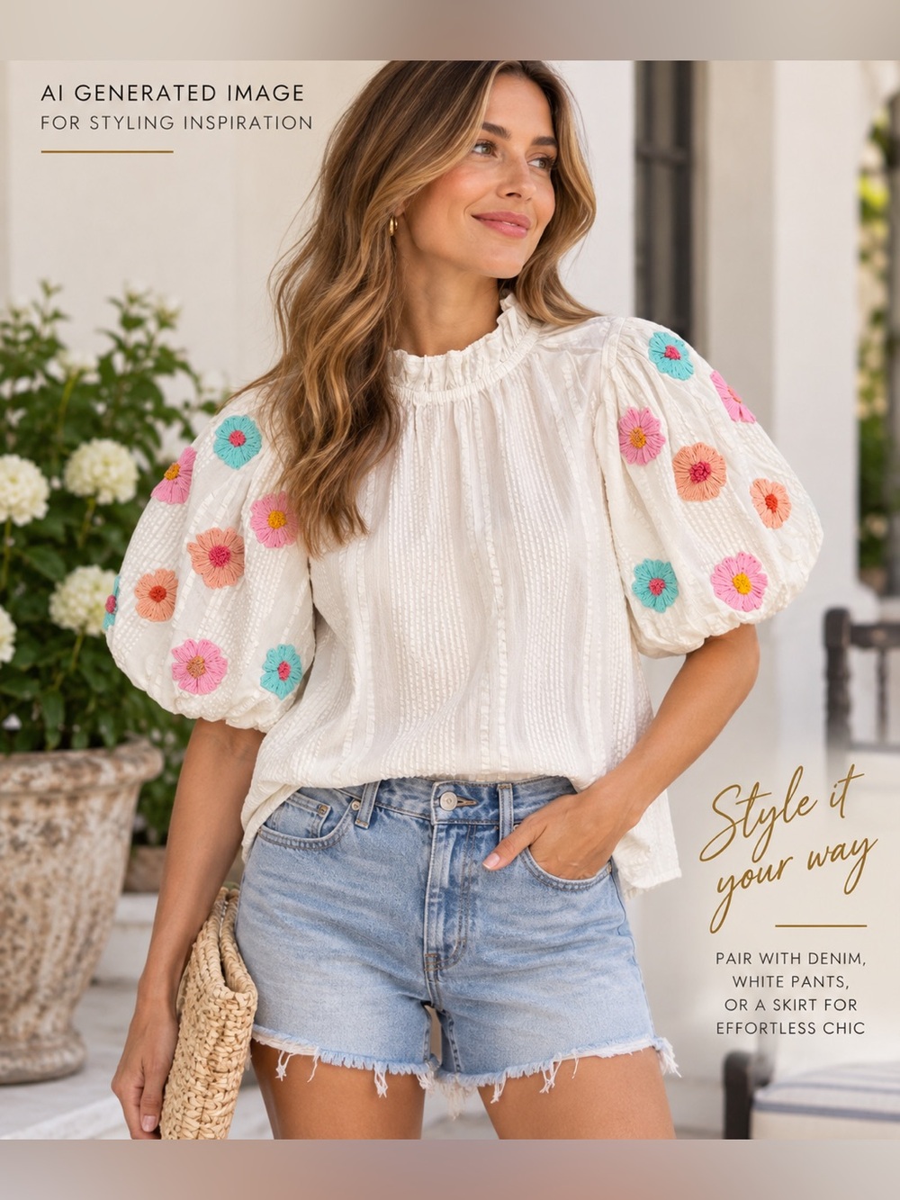 THML Ivory Puff-Sleeve Blouse with Multicolor Floral Embroidery size S